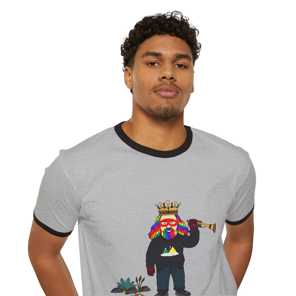 Virtual Origins Ringer T-Shirt — Colorful Crowned Character Graphic Tee