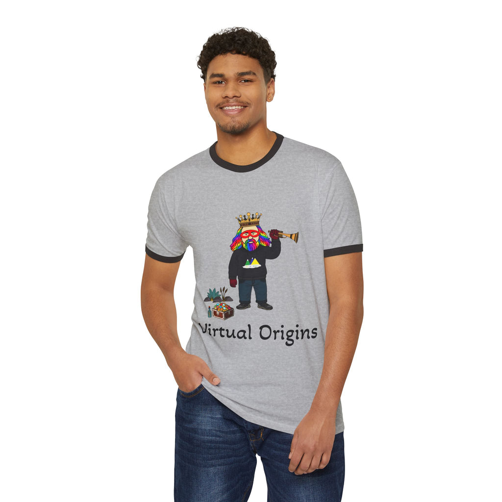 Virtual Origins Ringer T-Shirt — Colorful Crowned Character Graphic Tee