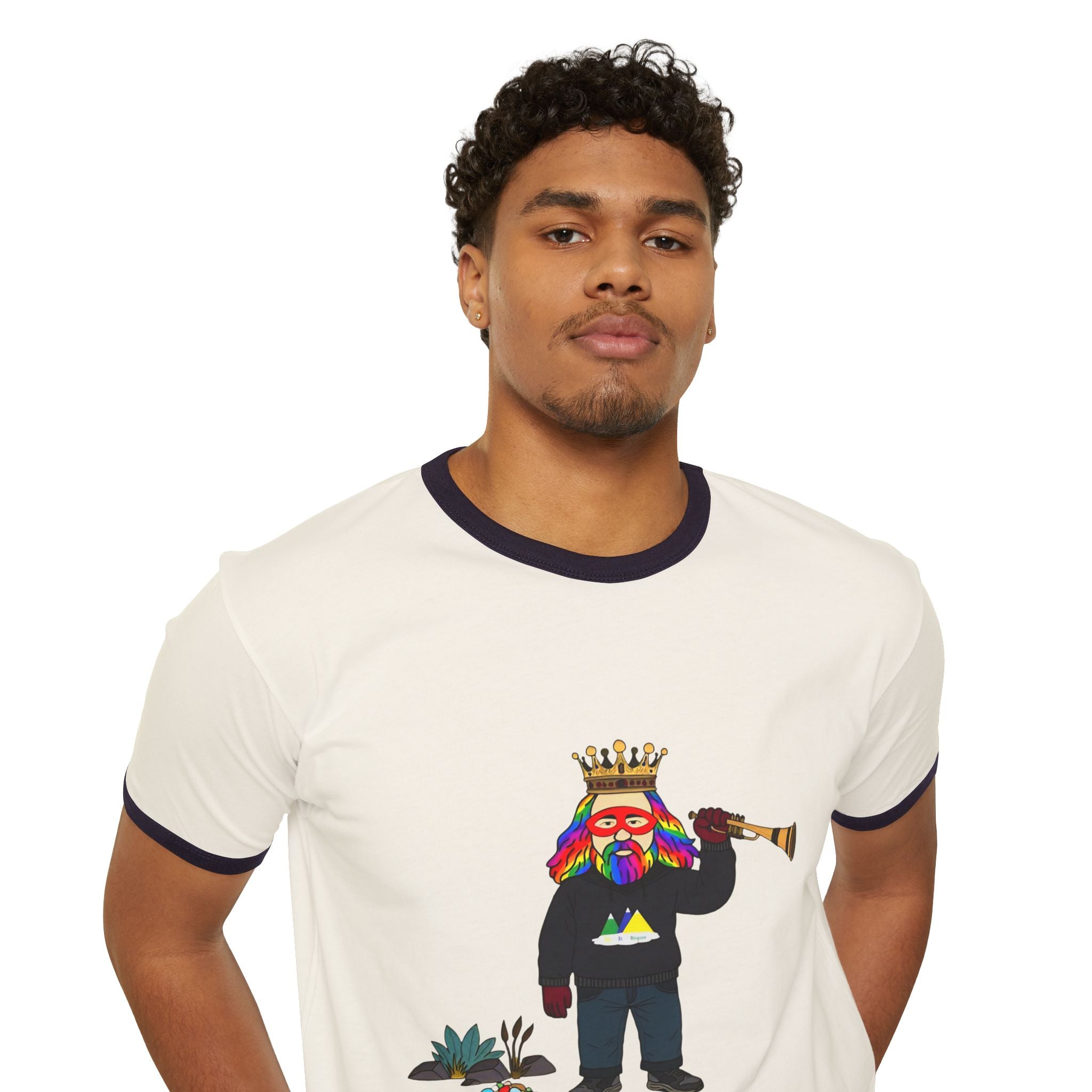 Virtual Origins Ringer T-Shirt — Colorful Crowned Character Graphic Tee