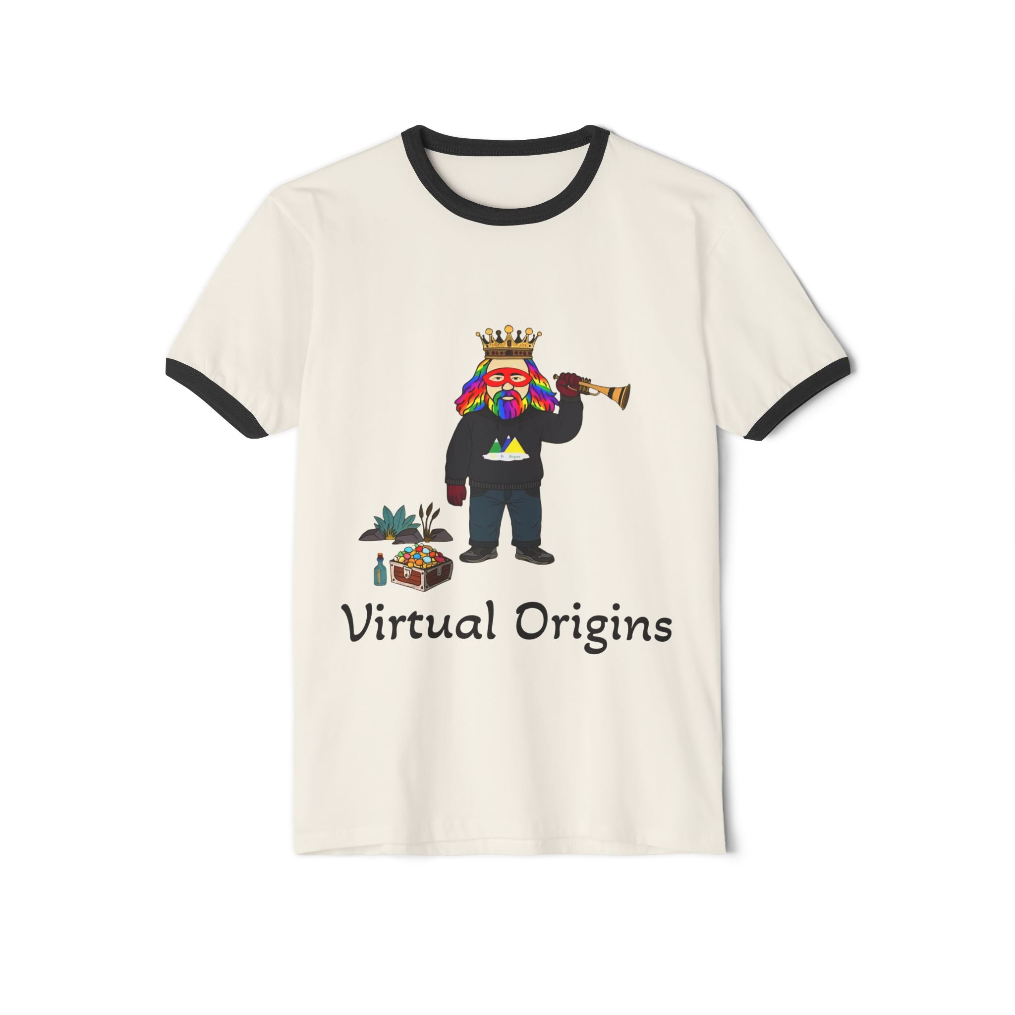 Virtual Origins Ringer T-Shirt — Colorful Crowned Character Graphic Tee