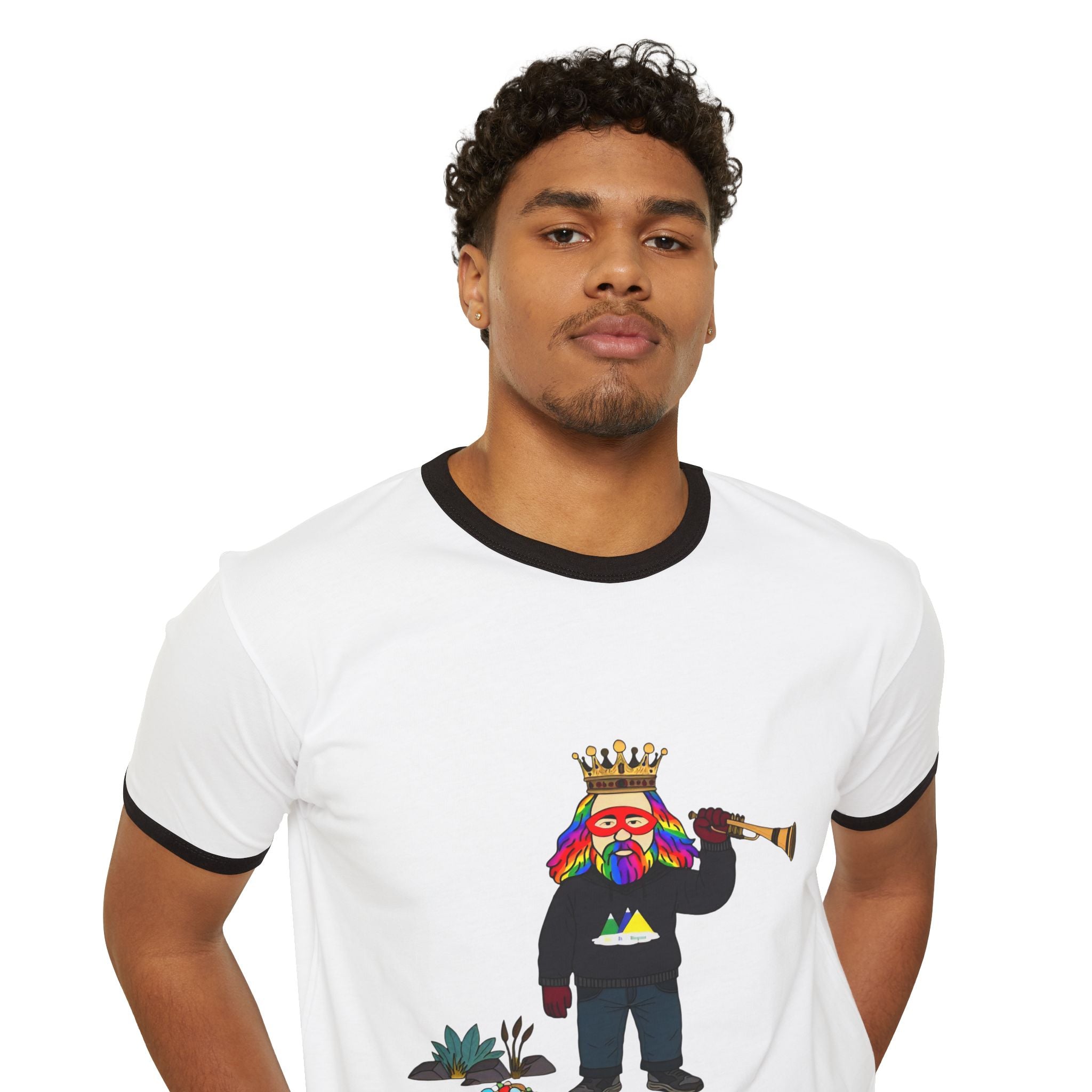 Virtual Origins Ringer T-Shirt — Colorful Crowned Character Graphic Tee