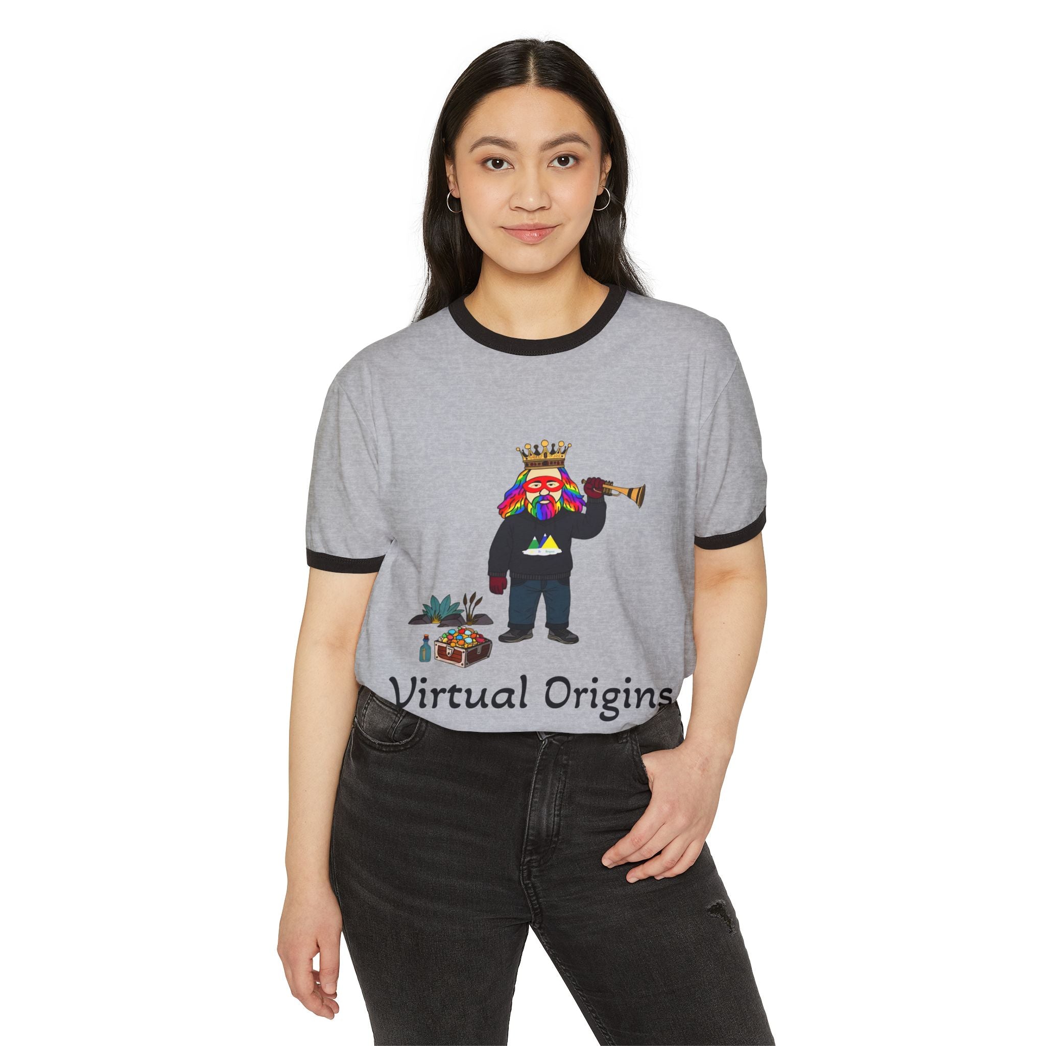 Virtual Origins Ringer T-Shirt — Colorful Crowned Character Graphic Tee