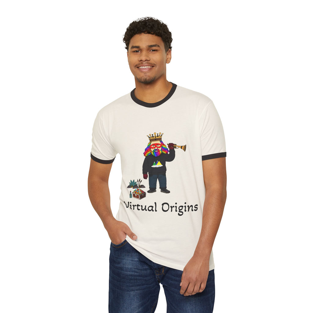 Virtual Origins Ringer T-Shirt — Colorful Crowned Character Graphic Tee