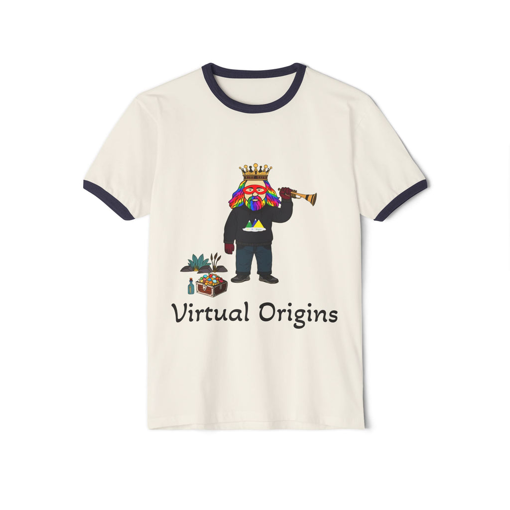 Virtual Origins Ringer T-Shirt — Colorful Crowned Character Graphic Tee
