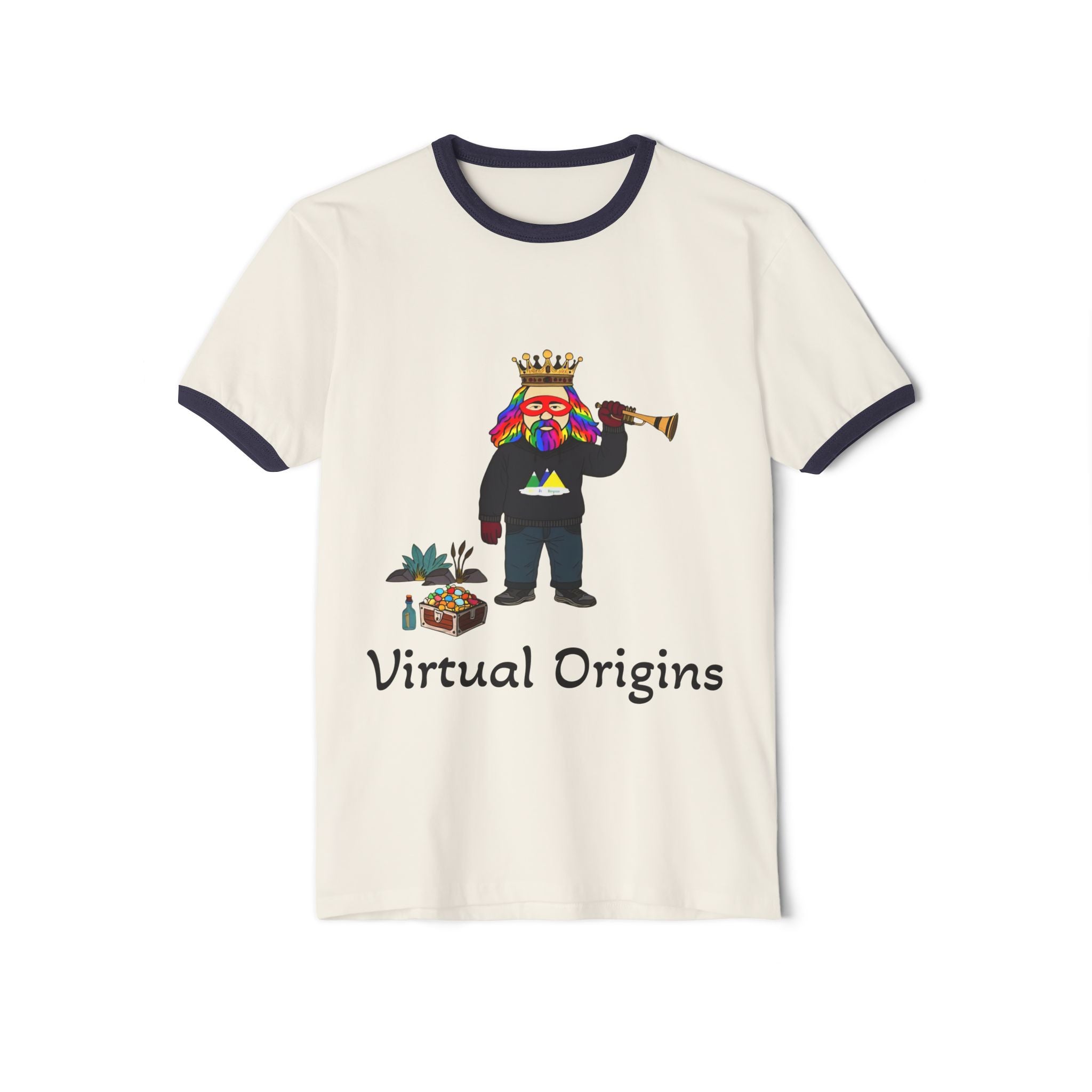 Virtual Origins Ringer T-Shirt — Colorful Crowned Character Graphic Tee