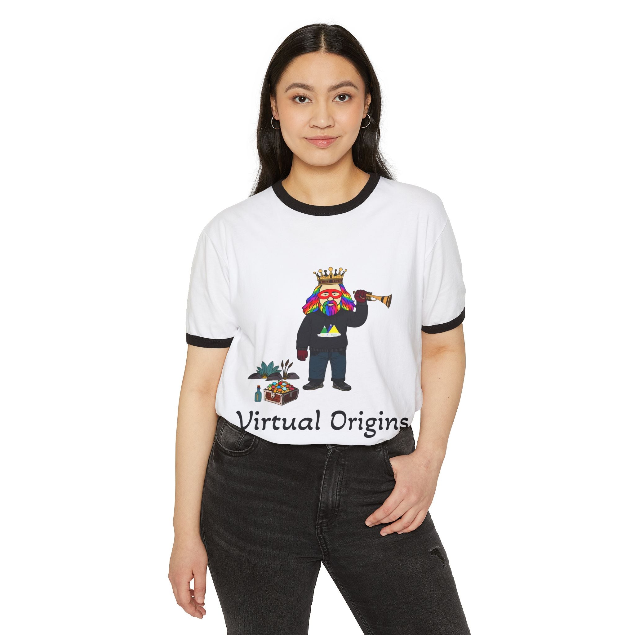 Virtual Origins Ringer T-Shirt — Colorful Crowned Character Graphic Tee