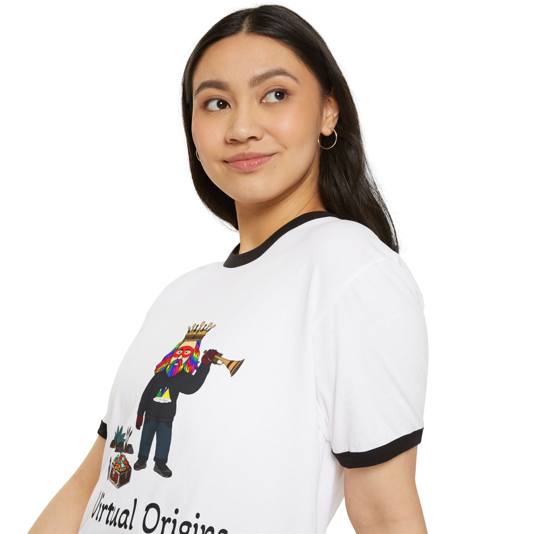 Virtual Origins Ringer T-Shirt — Colorful Crowned Character Graphic Tee
