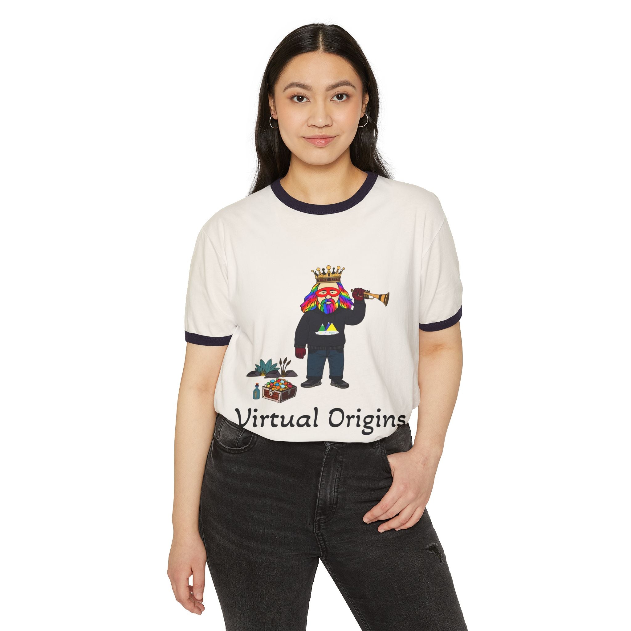 Virtual Origins Ringer T-Shirt — Colorful Crowned Character Graphic Tee