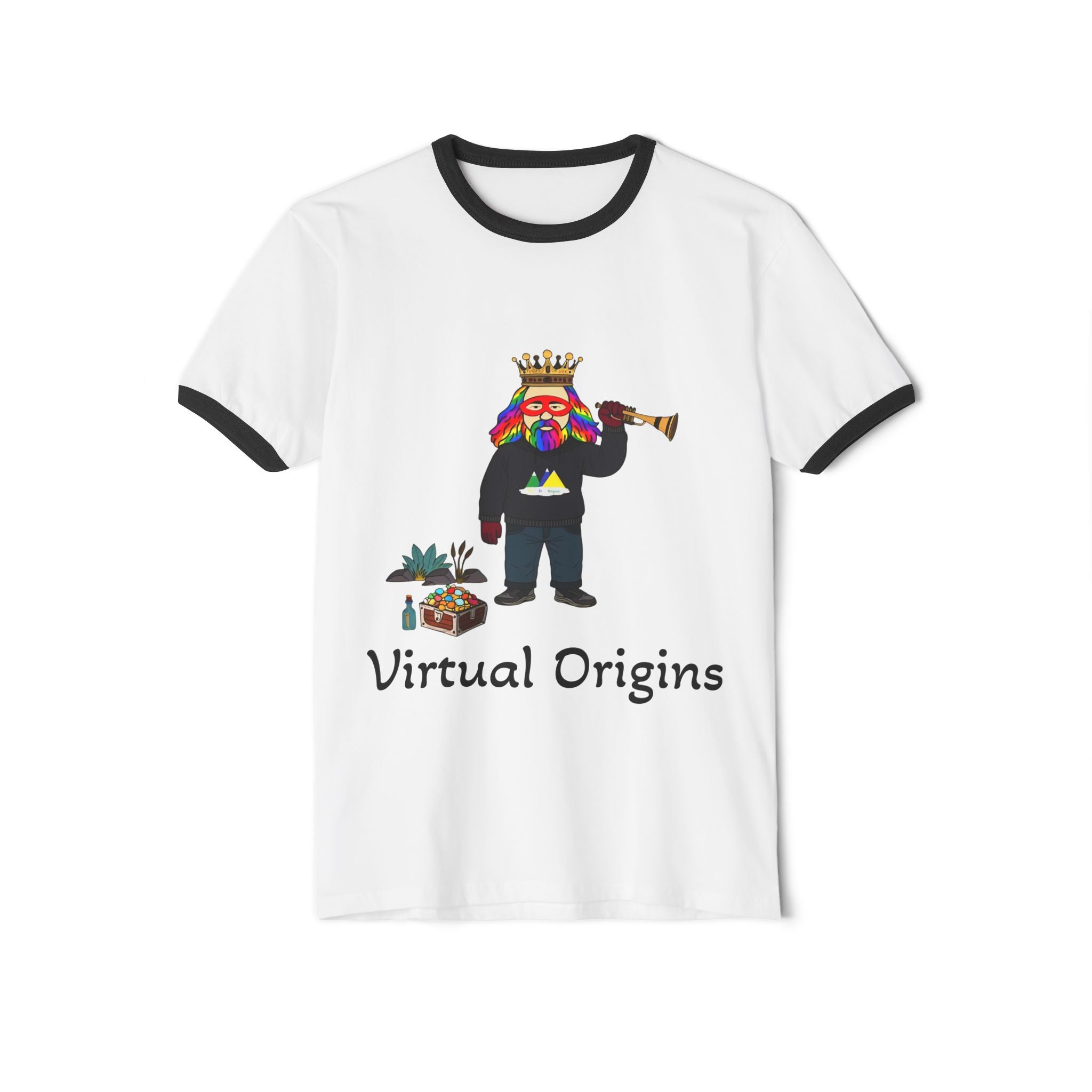 Virtual Origins Ringer T-Shirt — Colorful Crowned Character Graphic Tee