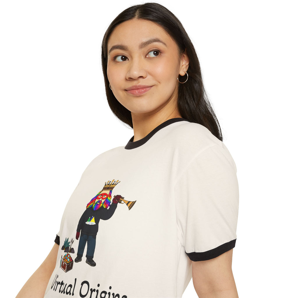 Virtual Origins Ringer T-Shirt — Colorful Crowned Character Graphic Tee