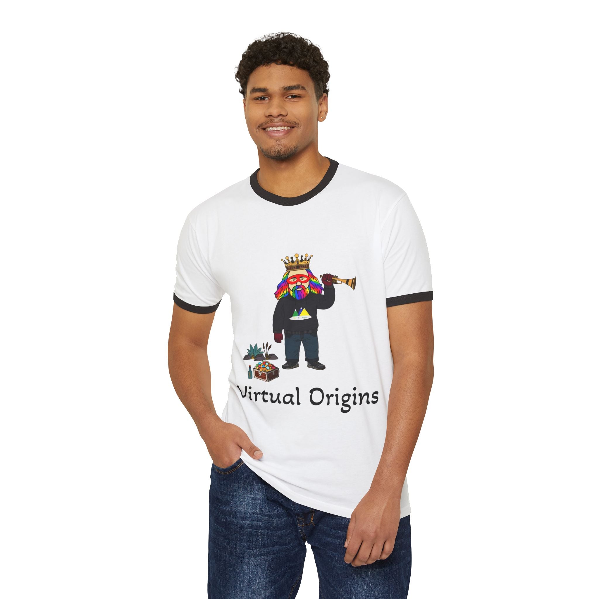 Virtual Origins Ringer T-Shirt — Colorful Crowned Character Graphic Tee