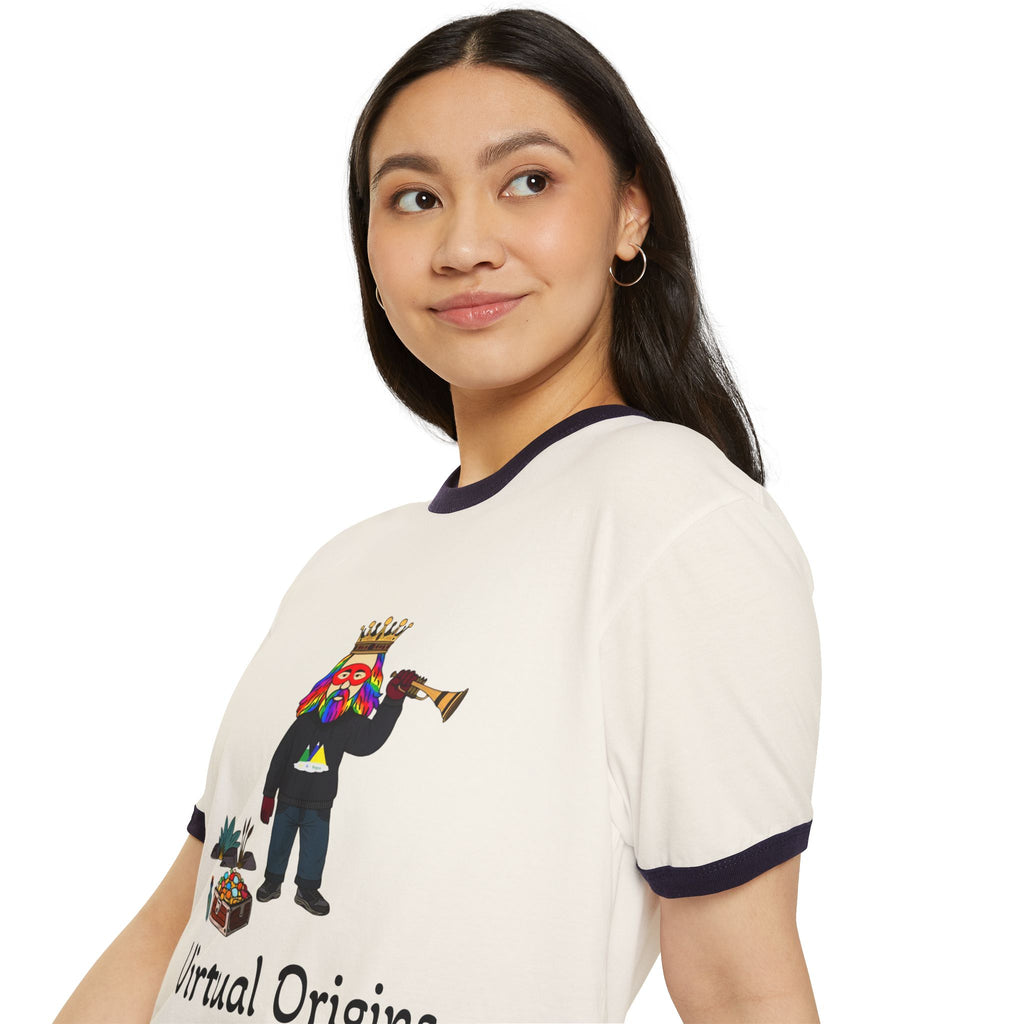 Virtual Origins Ringer T-Shirt — Colorful Crowned Character Graphic Tee