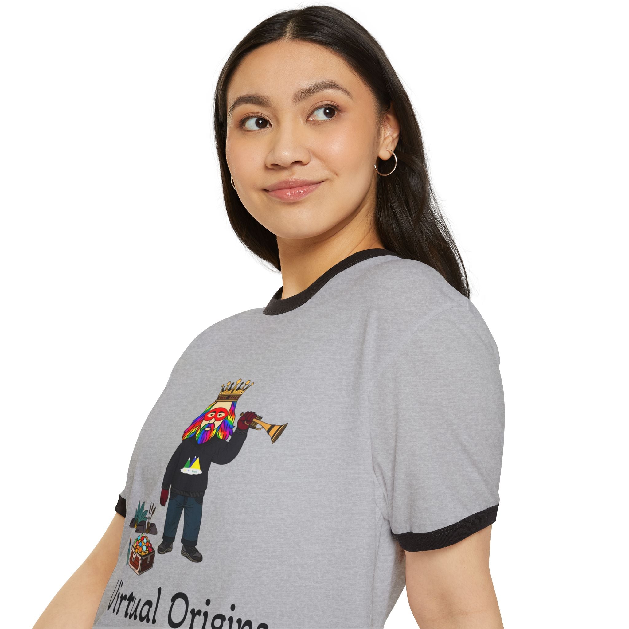 Virtual Origins Ringer T-Shirt — Colorful Crowned Character Graphic Tee